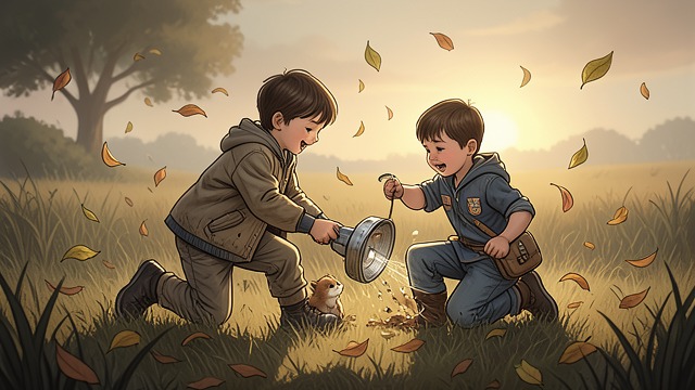 落叶嬉戏,《老蝾螈》中的场景。落叶嬉戏 共同的欢愉 巴特克操纵机器上的鼓风装置,让落叶飞旋起来,艾丽西亚和伊里戈奇毛绒机器人在其中玩耍。这一幕将机械能力与孩子身体上的快乐和想象力联系起来。 属于他们自己的世界 这一刻宛如家庭生活,尽管周围环境由变形后的机器和新创造的自然塑造而成。巴特克以照料者的身份参与其中,而不是作为实验的旁观者。