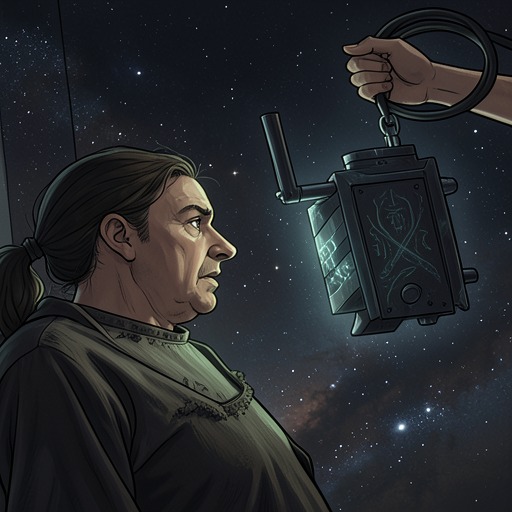 The Death Ray Investigation from "The Old Axolotl". The late orbital investigation reframes the original catastrophe as a possible deliberate act by a civilization operating on an incomprehensibly vast scale.