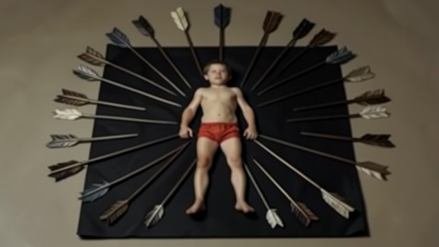 Arrows on Black Paper from "Piercing". Arrows on Black Paper A Repeated Image The boy repeatedly covers paper in dark colors and paints a naked child in the center, pierced from head to foot by…