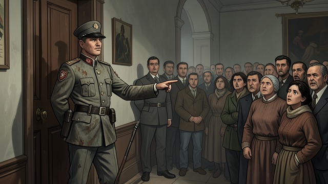 The Gendarme Speaks from "The Government Inspector". A Name Without a Face Authority is announced The gendarme reports that an official sent by imperial order has arrived and wants to see everyone.