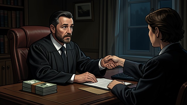 The Judge's Offer from "The Government Inspector". Public Office Becomes a Bargain The judge brings money Ammos Fiodorovich Liapkin-Tiapkin enters formally but is visibly frightened.