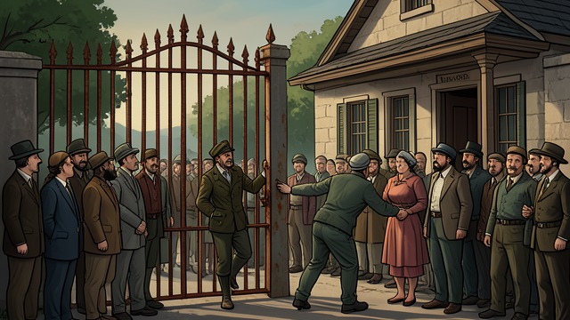 Complaints Kept Outside from "The Government Inspector". The Doorway Guarded Suppressing witnesses The Mayor orders the sergeants to keep merchants and petitioners away from the house.