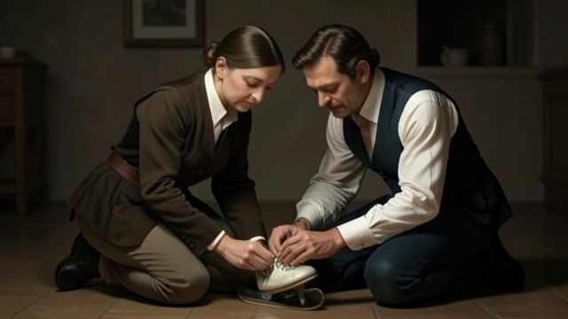 A Skate Repaired from "Hans Brinker, or The Silver Skates". A Skate Repaired Care beneath teasing Hans notices that Gretel’s homemade skate hurts her foot and improvises a soft pad from his cap lining.