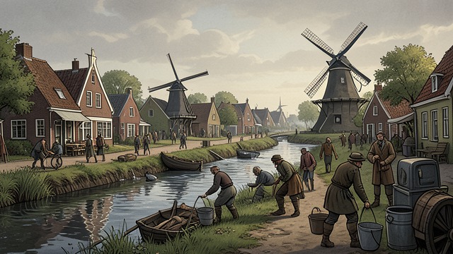 A Land Held in Place from "Hans Brinker, or The Silver Skates". A Land Held in Place Living beside water Canals, lakes, rivers, and dikes define the Dutch landscape, where much ground lies below sea level.