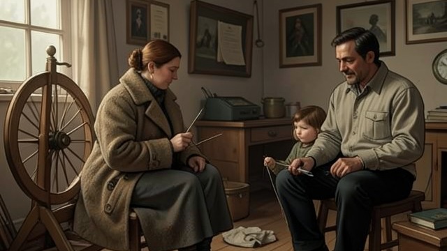 A Household Under Strain from "Hans Brinker, or The Silver Skates". A Household Under Strain Daily burdens Dame Brinker supports her family through spinning, knitting, and vegetable growing.