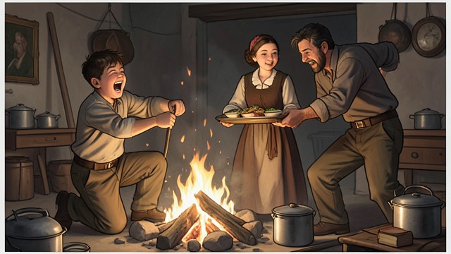 The Hearthside Emergency from "Hans Brinker, or The Silver Skates". The Hearthside Emergency Danger in the home Raff Brinker pins Dame Brinker near the fire while laughing uncontrollably.