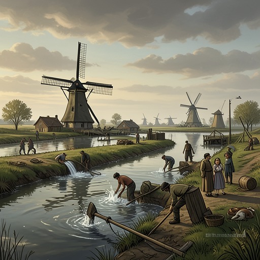 The Dutch Struggle Against Water from "Hans Brinker, or The Silver Skates". This flow connects Holland’s engineered landscape, its historical floods, and the Brinker family’s personal disaster.