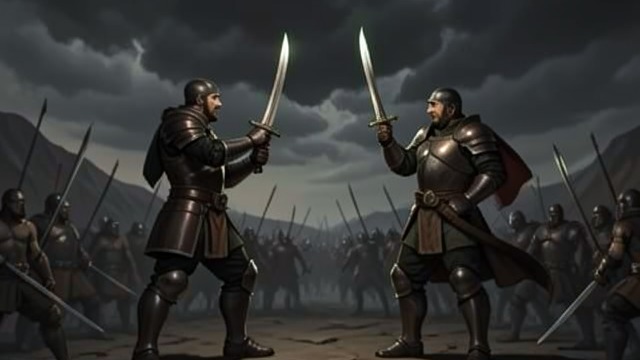 Westerley’s Last Defense from "The Robot Who Looked Like Me". Two Companions Stand Together A hopeless position Jon Westerley and Ocpetis Mam face the approaching Megenth Horde with swords.