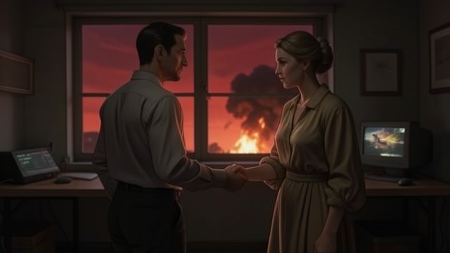 Love at the End from "The Robot Who Looked Like Me". A Private Defiance Affection amid collapse A speaker addresses a beloved while rumors spread and the sky turns red.
