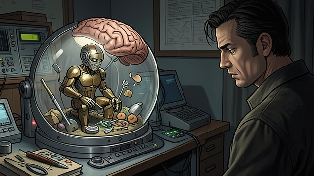 The Control-Center Fantasy from "The Robot Who Looked Like Me". A Miniature Decision Maker An imagined inner agent West pictures a tiny version of himself sorting information and making choices from a control center in his…