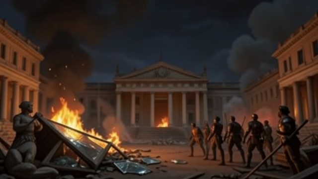 The Palace Falls from "The Robot Who Looked Like Me". The Last Stand at Jenghik A city of destruction Megenth warriors breach the palace, overturn its ceremonial vessels, and destroy the defenders.