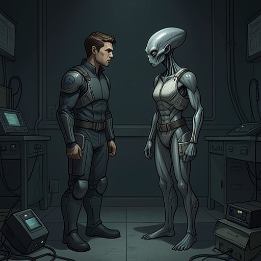 The First Contact Negotiation from "The Robot Who Looked Like Me". This thread traces the uneasy exchange between Detringer and the Earth expedition, from an awkward encounter to a consequential dispute over security and law.