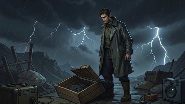 A Witness Finds the Crate from "The Luminaries". A Witness Finds the Crate A terrifying sound Moody hears a man pounding inside a crate and opens it during the storm.