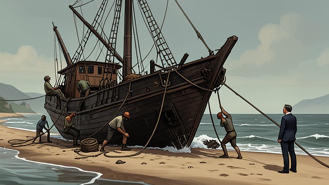 Salvage and the Insurance Claim from "The Luminaries". Salvage and the Insurance Claim The hull is hauled ashore The wreck is winched onto the spit and dismantled.