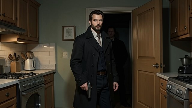 The Armed Resistance from "The Hidden Staircase". Suspicion Becomes Immediate Danger A Shotgun at the Door The servant points a sawed-off shotgun at the sheriff when he opens the kitchen door.