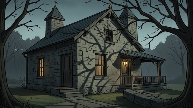 A House Made for Ghosts from "The Hidden Staircase". Atmosphere and Expectation A Dark Silhouette The old stone house and its turrets look like a ruined castle as evening falls.