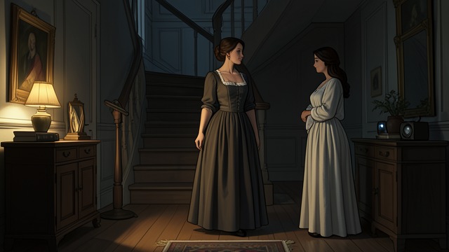Knowledge Restores Calm from "The Hidden Staircase". Explanation Changes the House A Demonstration Nancy shows Rosemary and Floretta the concealed openings and traces the route between the houses.