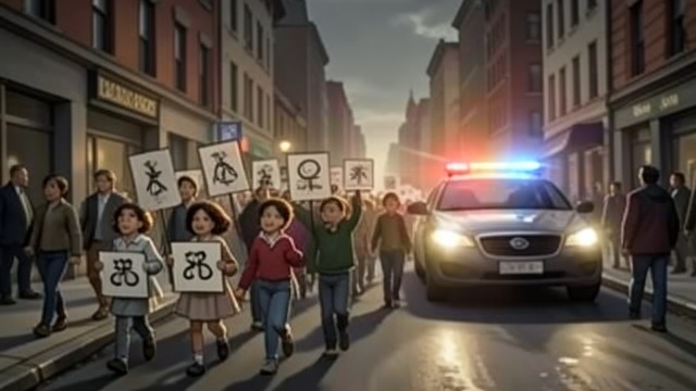 The March Through Town from "Momo". The March Through Town A Message in the Streets The children make signs and march through the city, chanting a warning about stolen time.