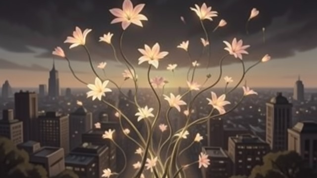 A Storm of Flowers from "Momo". A Storm of Flowers Time Leaves Its Prison Millions of hour-lilies rise from the Time Warehouse and whirl around Momo.