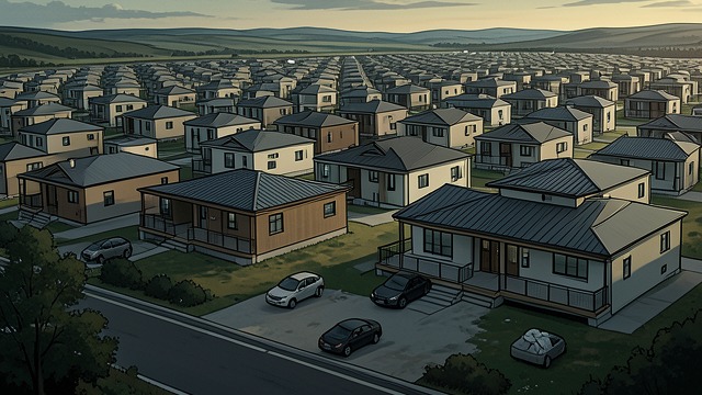 城市景观的变化,《毛毛》中的场景。千篇一律的住宅 将整齐划一视为效率 旧建筑被现代建筑取代,这些新建筑追求标准化,而非考虑未来居住者的需求。北部郊区出现了大片几乎一模一样的住宅区。 重复的形状让削减成本变成了看得见的环境。随着建筑设计不再顾及个人需求,居民的生活也变得愈发程式化,彼此愈发相似。