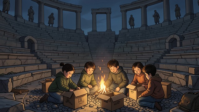 孩子们重返游戏,《毛毛》中的场景。废墟中的游戏 物品化为世界 在圆形剧场,孩子们把硬纸板、布料、鹅卵石和废墟的形状变成精心设计的游戏场景。他们通过讨论与创造,不断改变游戏。 比起物品本身,孩子们共同想象的能力更为重要。莫莫的陪伴让他们相信,游戏可以不断变化,不必非得有一个完成的成品。