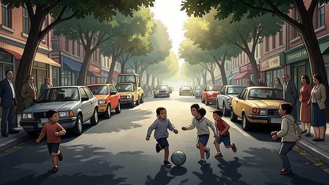 再次在街上玩耍,《毛毛》中的场景。再次在街上玩耍 无须指引的自由 时间恢复后,孩子们在街上玩耍,司机们耐心等待,而不是催他们让开。有些大人也加入游戏,不再把孩子们视为障碍。 这种变化以公开恢复自发游戏的方式回应了限制性的儿童收容站政策。孩子们不必再证明自己的游戏有教育意义,才能拥有玩耍的权利。