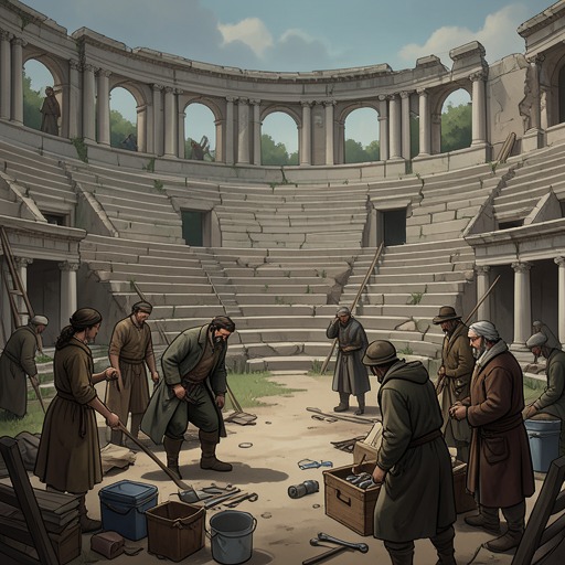 Momo's Arrival and Shared Home from "Momo". This flow traces Momo's move into the ruined amphitheater and the neighborhood's decision to make a home for her together.