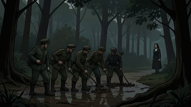 A Search in the Woods from "The Birthday Party". The Same Landscape Recast Police Teams Enter Searchers comb the woods and creek behind the party house, looking for a trace of Charlie.