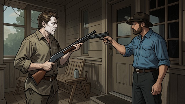 The Shotgun Appears from "Straight Man". A Threat He Cannot Withdraw The Weapon Angelo retrieves his pump-action shotgun and warns the visitors away.