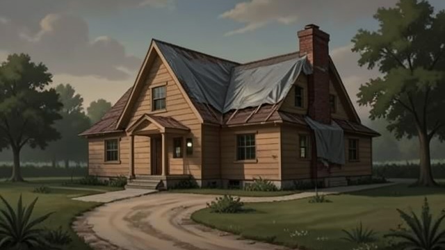 The Unfinished Drive from "Straight Man". A House Without Completion Visible Strain Hank sees an unpaved driveway, unfinished landscaping, and a tarp over the chimney.