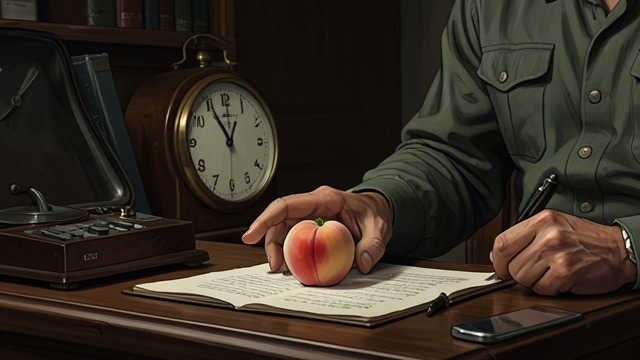 A Peach in the Office from "Straight Man". A Thought Unfinished One Fruit Remains A single ripe peach appears in the middle of Hank’s desk after Meg has been leaving fruit and pits as teasing messages.