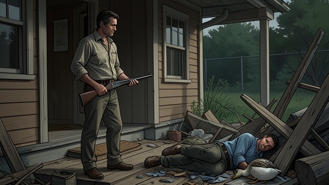 A Compromise in the Roof from "Straight Man". Violence Redirected An Imperfect Solution Angelo fires into the porch roof rather than at the young man.