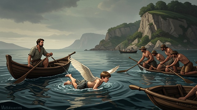 The Fall into the Sea from "Cartes Postales from Greece". The Fall into the Sea Flight exceeds its limits Icarus rises toward the sun.