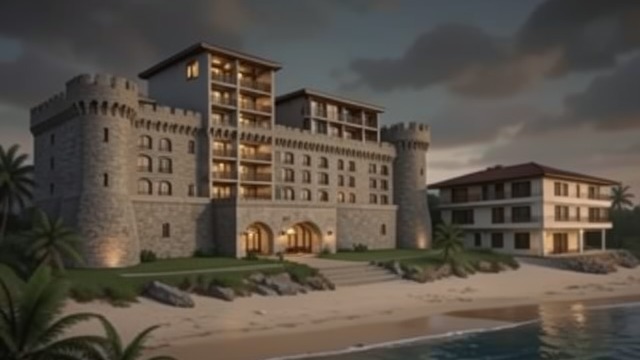 The Competing Hotels from "Cartes Postales from Greece". The Competing Hotels Manos builds a fortress Manos converts an office block into Hotel Pyrgos, aiming at business travellers and local customers.
