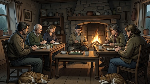 A Room in a Village from "Cartes Postales from Greece". A Room in a Village A guest becomes part of daily life Orestes and Eleni rent Anthony a room above their tavern.