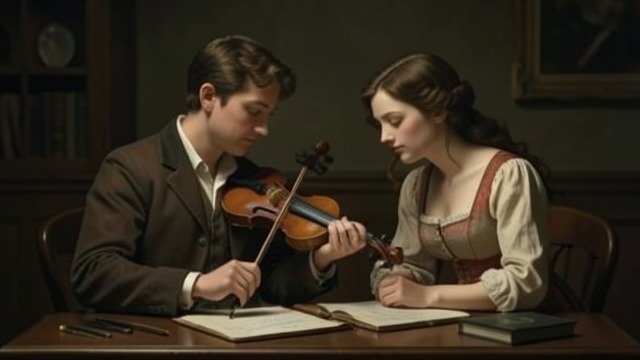 A Shared First Note from "Cartes Postales from Greece". A Shared First Note A lesson offered Antoni helps Magda hold the violin and draw a note from its strings.