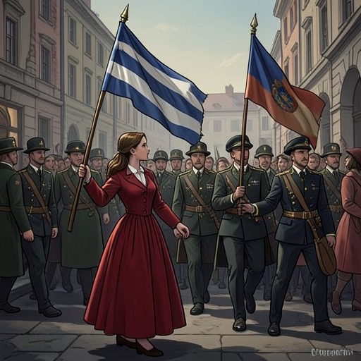 The School Flag and Hidden Ancestry from "Cartes Postales from Greece". This thread follows Evangelia’s pride in a national parade, the prejudice against an Albanian flag-bearer, and the secret ancestry that unsettles her judgment.