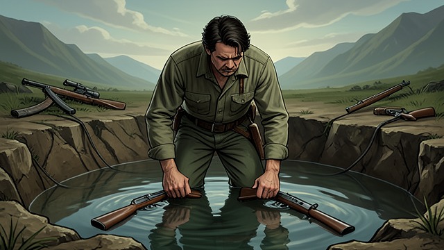 The Guns at the Blind from "Across the River and into the Trees". The Guns at the Blind A practiced arrangement Cantwell sets his guns in the blind and prepares for the ducks.