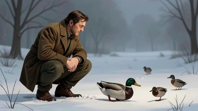 The Calling Duck’s Deception from "Across the River and into the Trees". The Calling Duck’s Deception Birds drawn in The live calling duck attracts birds toward the decoys, while the ice makes the setup imperfect.