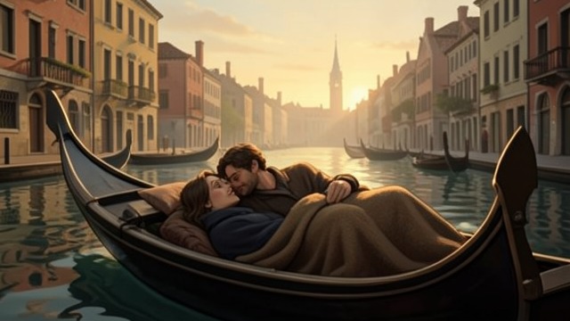 Love in the Gondola from "Across the River and into the Trees". Love in the Gondola A private refuge A blanket and a gondola give the couple a temporary shelter from the wind and the city.