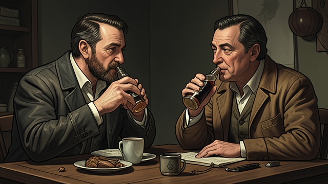 A Shared Drink from "Across the River and into the Trees". A Shared Drink An offered flask Earlier on the return journey, Cantwell offers the boatman grappa, and the man accepts it.