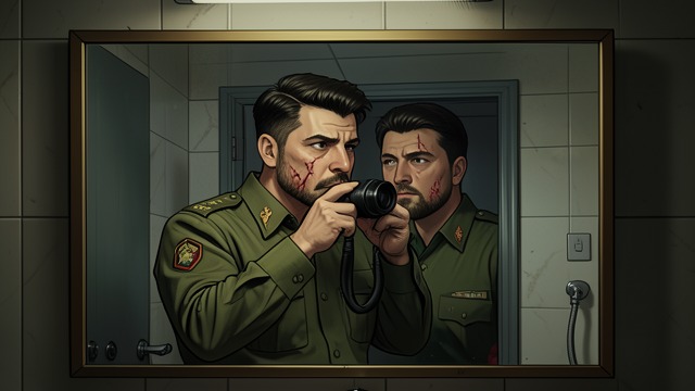 The Bathroom Mirror from "Across the River and into the Trees". The Bathroom Mirror A harsh inspection Before rejoining Renata, Cantwell studies the ridges and scars on his face.
