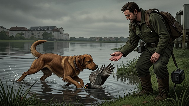 The Dog’s Retrieval from "Across the River and into the Trees". The Dog’s Retrieval A bird recovered The dog retrieves a wounded mallard from the grass. Cantwell takes it gently and checks whether it can survive.