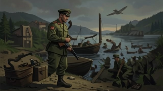 A Soldier’s Attention from "Across the River and into the Trees". A Soldier’s Attention Watching position and safety Cantwell shoots with careful attention to where the boat and workers are positioned.