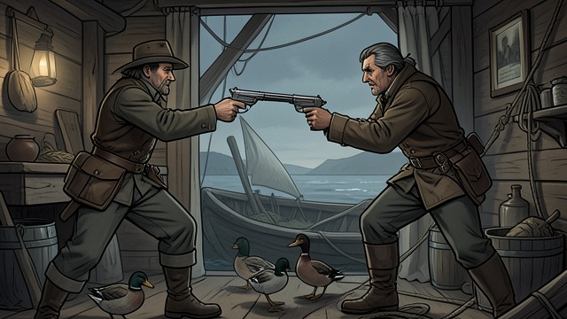 A Boundary Broken from "Across the River and into the Trees". A Boundary Broken The forbidden shot The boatman fires at ducks heading toward Cantwell’s blind, a serious breach of their shared sporting arrangement.