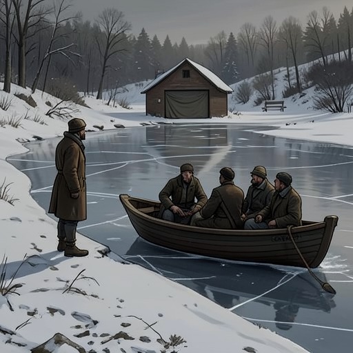 The Frozen Lagoon Shoot from "Across the River and into the Trees". This flow follows the duck hunt from a difficult icy approach to Cantwell’s conflict with a boatman and his final, limited success in the blind.