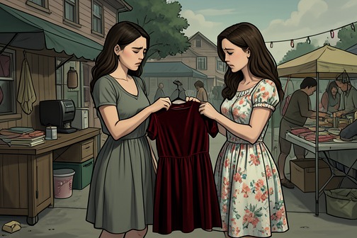 The thrift-stall encounter over the red velvet toddler dress from "Tiny Beautiful Things: Advice on Love and Life from Dear Sugar". The thrift-stall encounter over the red velvet toddler dress is a small scene with a meaning that arrives decades after it happens.