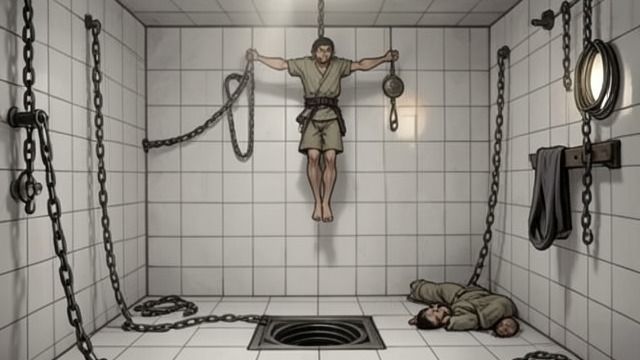 The Tiled Room from "Masquerade". The Tiled Room Evidence of Captivity Dan Stevens emerges into a white-tiled chamber fitted with chains, restraints, and a floor drain.