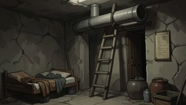 A Second Exit from "Masquerade". A Second Exit The Hidden Shaft Dan Stevens discovers a concealed opening above a cot, leading into an angled concrete pipe.