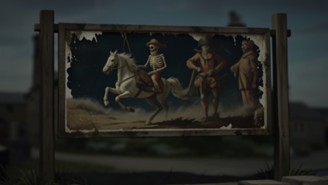 A Hidden Rider from "The Pale Horse". The Image Emerges Cleaning Away the Surface Ginger removes layers of grime from the old inn sign and reveals a rider whose figure is a grinning skeleton.